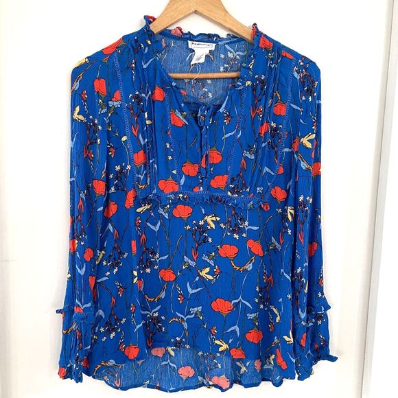 For The Republic Tops - For the Republic Women's Size S Blue Ruffle Floral Long Sleeve Blouse V-Neck EUC